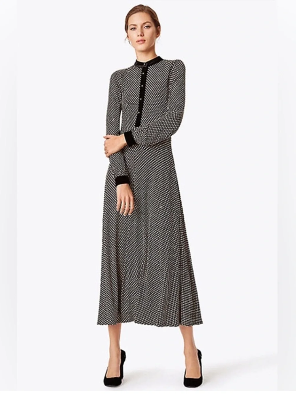 Tory Burch Anja Midi Dress Black Velvet Jazz Dot Long Sleeve Small $598